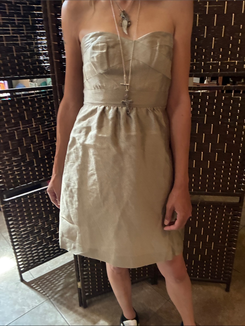 Ann Taylor Hammered Silk Strapless Sweetheart Neckline Dress in Champagne